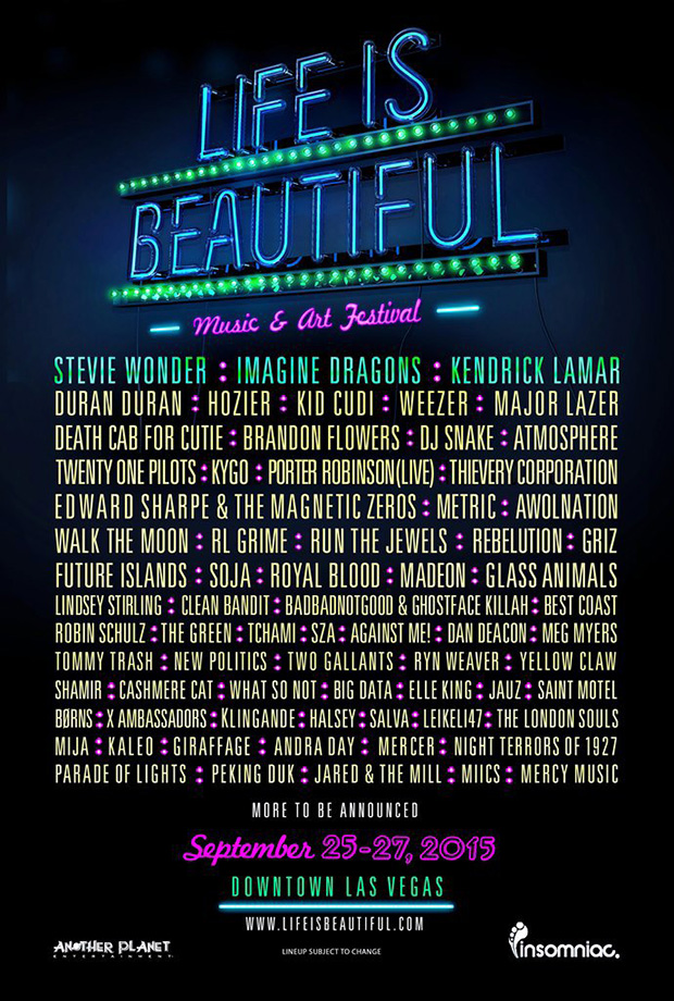 Life Is Beautiful 2015 Lineup: Stevie Wonder, Kendrick Lamar, Imagine Dragons, and More