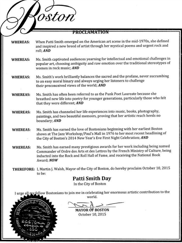 Boston's Mayor Dubs October 10 'Patti Smith Day'