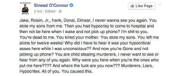 A Possible Suicide Note Has Been Posted to Sinead O'Connor's Facebook Page