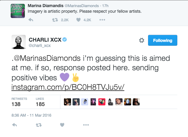 Marina and the Diamonds Shades Charli XCX on Instagram, Charli Responds