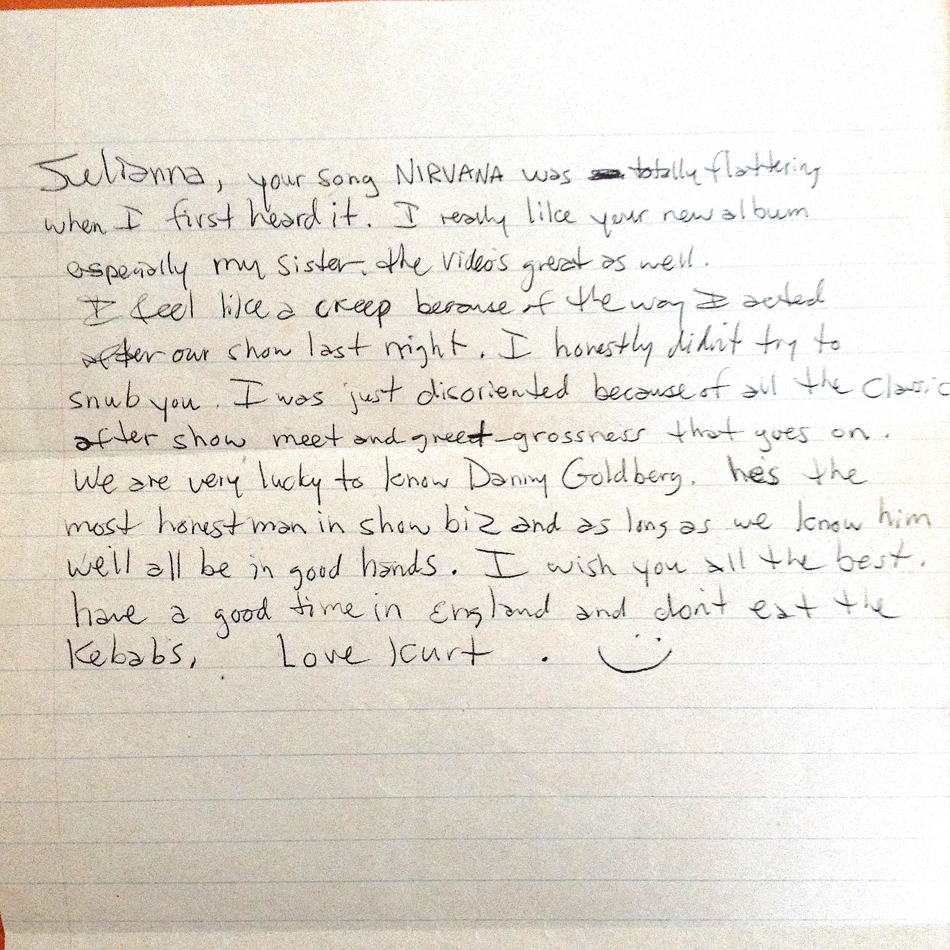 Here's a Handwritten Letter From Kurt Cobain to Juliana Hatfield