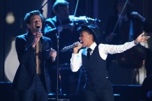 fun.'s Nate Ruess and Janelle Monáe perform at the Grammy nominations concert