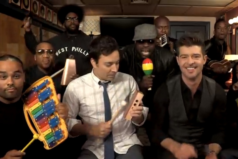 Robin Thicke, Jimmy Fallon, the Roots, "Blurred Lines," classroom instruments, video