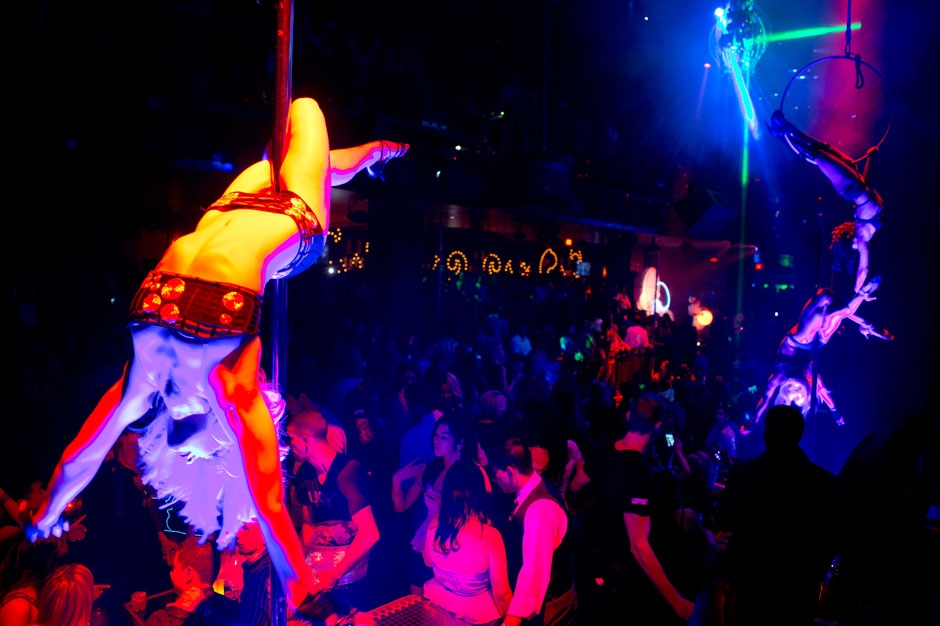 Cirque du Soleil aerial performers entertain the crowd at Light Nightclub inside Mandalay Bay Hotel & Casino in Las Vegas on July 5, 2013.