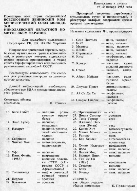 Soviet Union List Bans Songs Bands 