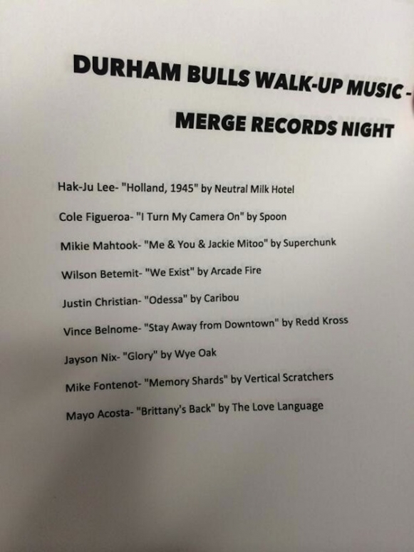 Merge Records Night, Durham Bulls, walk-up music