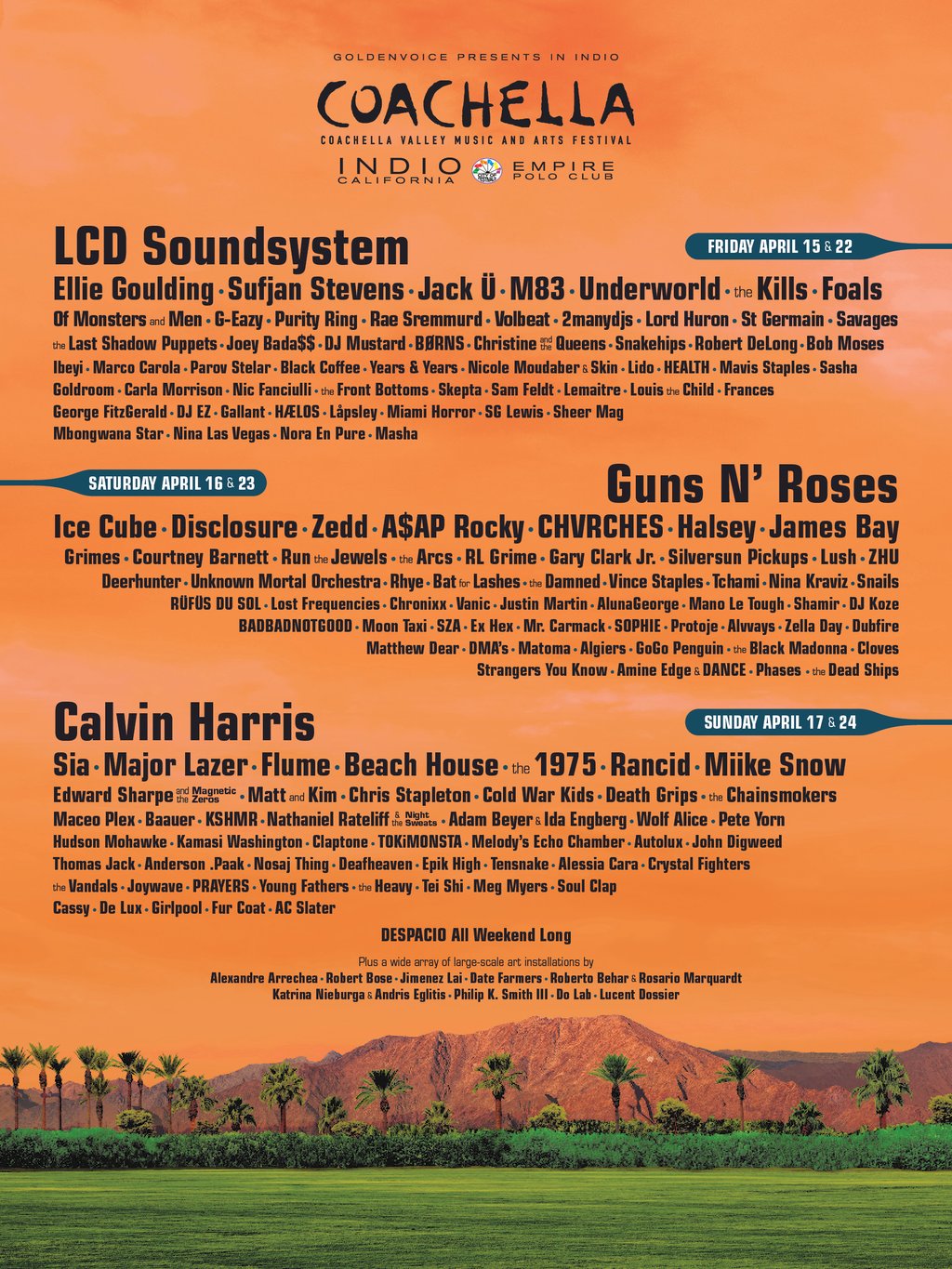 Coachella 2016 Lineup: LCD Soundsystem, Guns N' Roses, Calvin Harris, and More