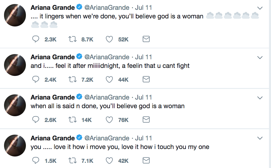 Everything We Know About Ariana Grande's New Album <i></noscript>Sweetener</i>” title=”Ariana Grande tweets” data-original-id=”297297″ data-adjusted-id=”297297″ class=”sm_size_full_width sm_alignment_center ” />
<p>Ariana revealed that “God Is a Woman” is her grandmother’s <a href=
