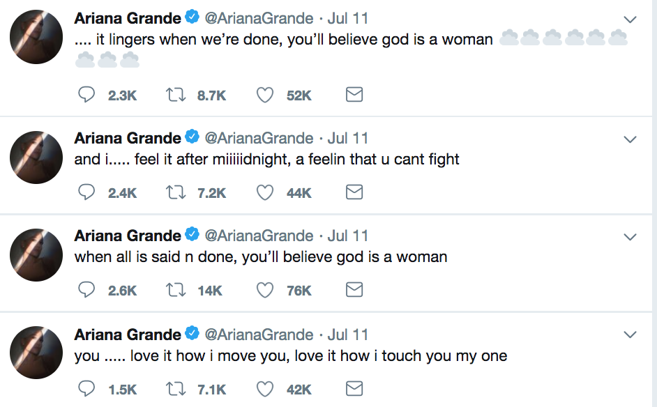 Everything We Know About Ariana Grande's New Album <i></noscript>Sweetener</i>” title=”Ariana Grande tweets” data-original-id=”297297″ data-adjusted-id=”297297″ class=”sm_size_full_width sm_alignment_center ” /></p>
<p>Ariana revealed that “God Is a Woman” is her grandmother’s <a href=