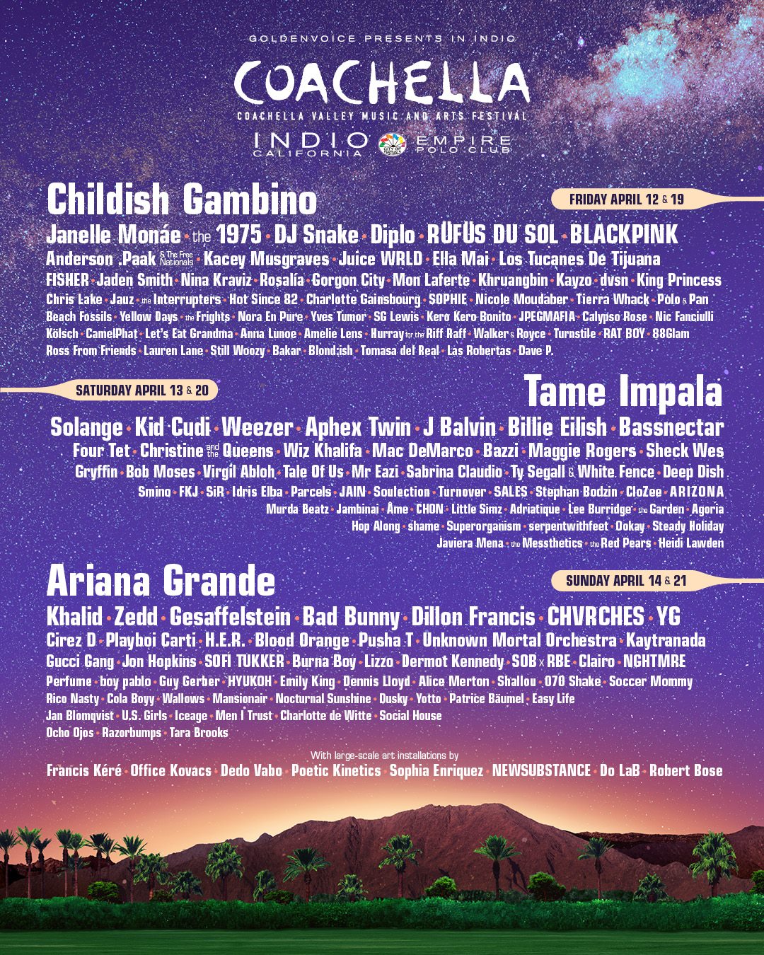 Coachella 2019 Lineup: Ariana Grande, Childish Gambino, Tame Impala to Headline