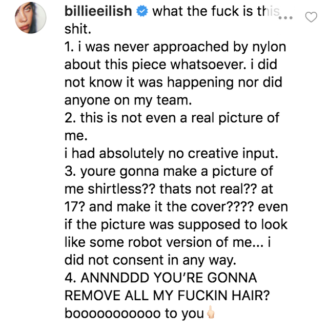 Billie Eilish Calls Out <i></noscript>Nylon Germany</i> Over Weird CGI Cover” title=”billie-ellish-instagram-comment-1567182064-640×652-1567188650″ data-original-id=”341295″ data-adjusted-id=”341295″ class=”sm_size_full_width sm_alignment_center ” data-image-use=”multiple_use” data-image-source=”video_screenshot” /></p>
<p><em>This article originally appeared on <a href=