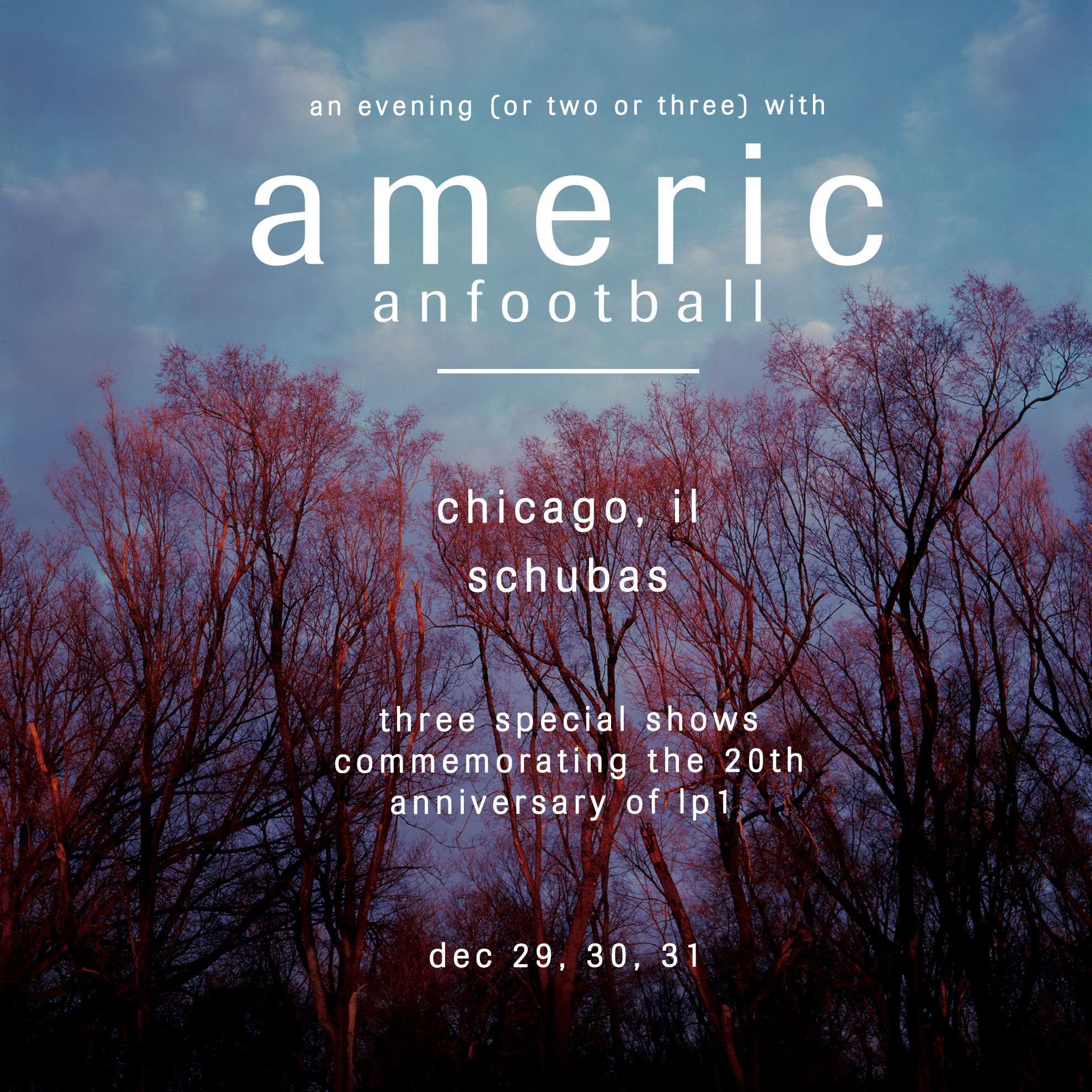 American Football Mark 20th Anniversary of Debut With New <i></noscript>Year One Demos</i> Compilation” title=”AmericanFootballSchubasAdmat-1568471929″ data-original-id=”343219″ data-adjusted-id=”343219″ class=”sm_size_full_width sm_alignment_center ” data-image-use=”multiple_use” /><br />
<strong>American Football Tour Dates:</strong><br />
09/13 – Kansas City, MO @ Granada Theatre<br />
09/14 – St. Louis, MO @ Delmar Hall<br />
09/15 – Chicago, IL @ Riot Fest<br />
11/02 – Camden, London, UK @ Mirrors Festival<br />
11/03 – Leeds, UK @ Brudenell<br />
11/04 – Manchester, UK @ Gorilla<br />
12/29-31 – Chicago, IL @ Schubas Tavern</p>
</div>
</div>
</div>
</div>
</div>
</section>
<section data-particle_enable=