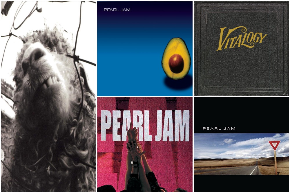 Pearl Jam album covers: Vs, Ten, Vitalogy, Yield, and Pearl Jam