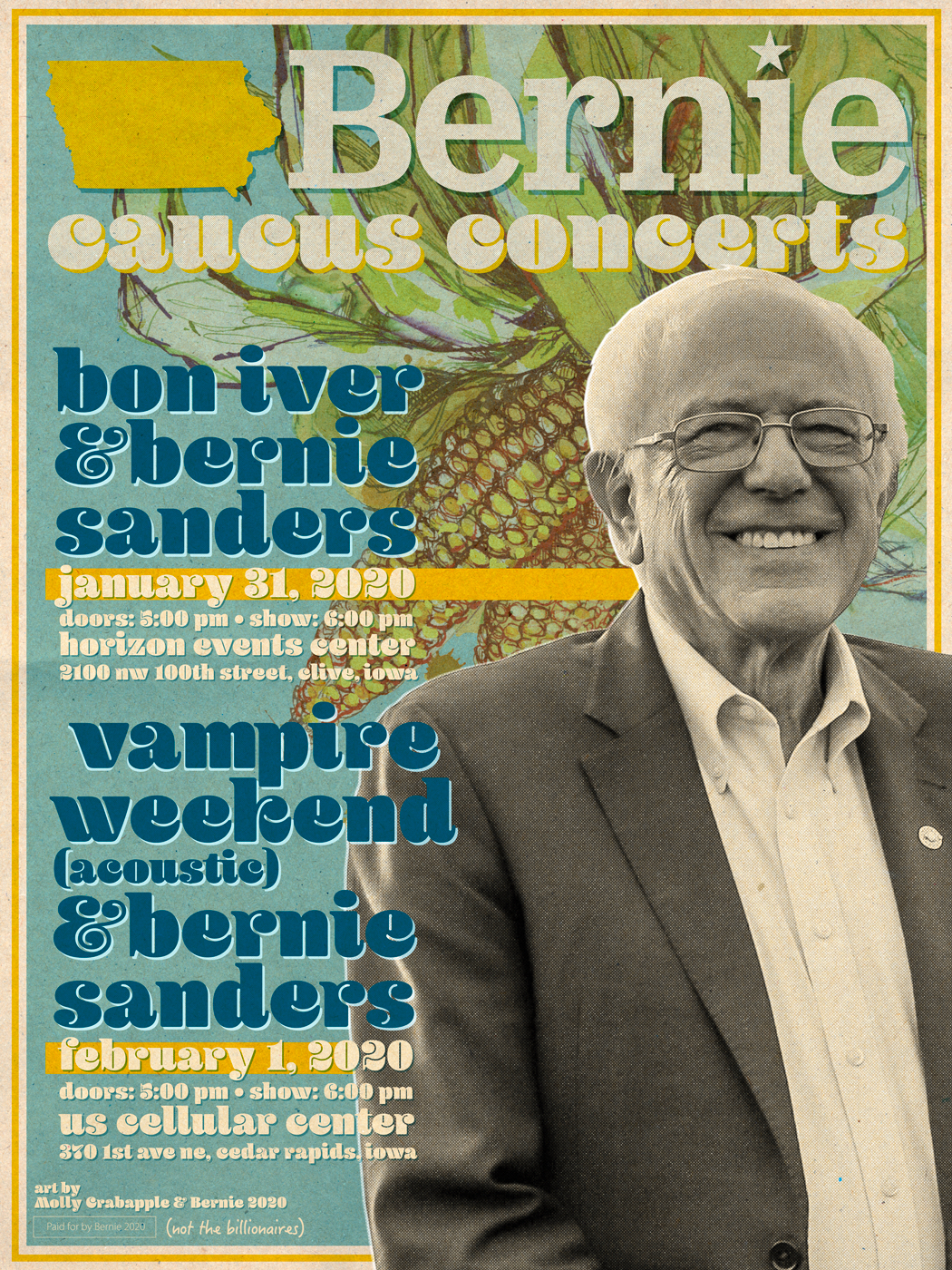 Bernie Sanders caucus concerts Bon Iver and Vampire Weekend