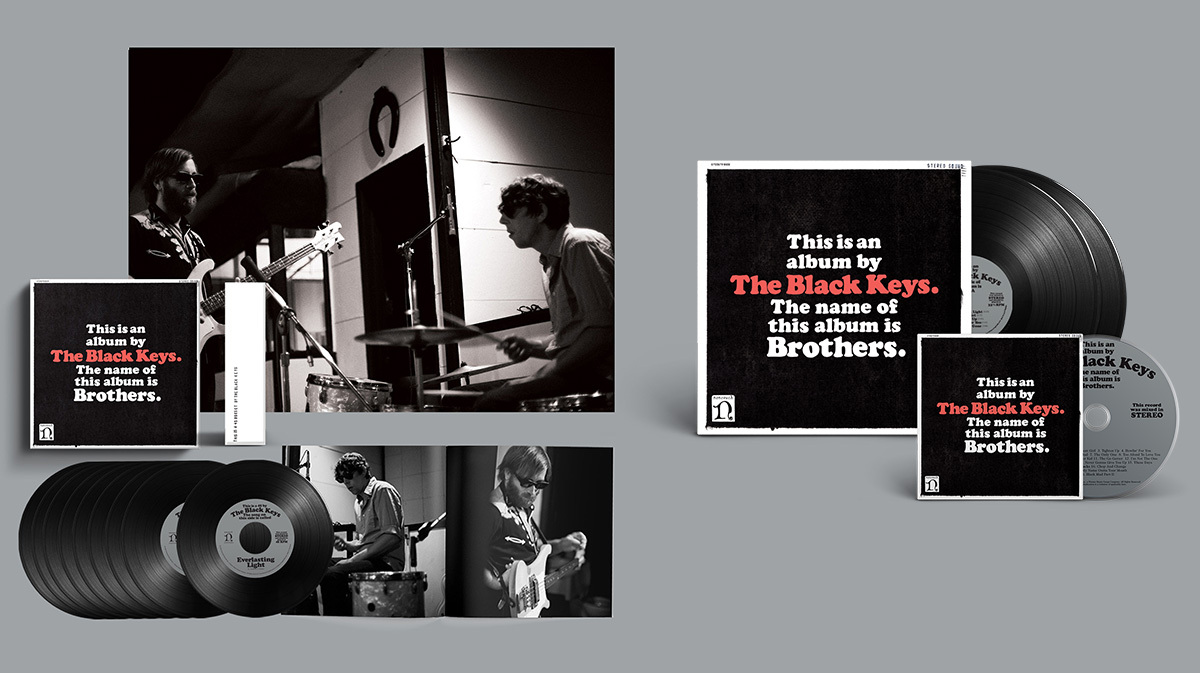 The Black Keys Celebrate <i></noscript>Brothers</i> 10-Year Anniversary With Bonus Cuts, Video” title=”tbk_brothers_10year_3packages-1605155474″ data-original-id=”362060″ data-adjusted-id=”362060″ class=”sm_size_full_width sm_alignment_center ” data-image-use=”multiple_use” />
<p><em>Brothers</em> (Deluxe Remastered Anniversary Edition) Track Listing:<br />
1. “Everlasting Light”<br />
2. “Next Girl”<br />
3. “Tighten Up”<br />
4. “Howlin’ for You”<br />
5. “She’s Long Gone”<br />
6. “Black Mud”<br />
7. “The Only One”<br />
8. “Too Afraid to Love You”<br />
9. “Ten Cent Pistol”<br />
10. “Sinister Kid”<br />
11. “The Go Getter”<br />
12. “I’m Not the One”<br />
13. “Unknown Brother”<br />
14. “Never Give You Up”<br />
15. “These Days”<br />
16. “Chop and Change” *<br />
17. “Keep My Name Outta Your Mouth” **<br />
18. “Black Mud Part II” ***</p>
<p>*Previously released on <em>The Twilight Saga: Eclipse</em> (Original Motion Picture Soundtrack)<br />
**Previously unreleased<br />
***Previously unreleased</p>
<p><em>Brothers</em> (Deluxe Remastered Anniversary Edition) 7” Box Set<br />
● Limited edition – only 7500 copies available worldwide<br />
● Nine 7” singles<br />
● New liner notes written by David Fricke<br />
● Three bonus songs<br />
● 60-page book photos from the archives<br />
● Limited edition poster<br />
● Special heat-sensitive ink on cover</p>
<p><em>Brothers</em> (Deluxe Remastered Anniversary Edition) 2-LP Set<br />
● 140-gram vinyl<br />
● 12” vinyl tip-on gatefold double-pocket album jacket<br />
● New liner notes written by David Fricke<br />
● Three bonus songs<br />
● Insert with photos</p>
<p><em>Brothers</em> (Deluxe Remastered Anniversary Edition) CD<br />
● Single CD<br />
● Booklet with new liner notes written by David Fricke and photos from the archive<br />
● Three bonus songs</p>
</p> </div>
</div>
</div>
</div>
</div>
</section>
<section data-particle_enable=