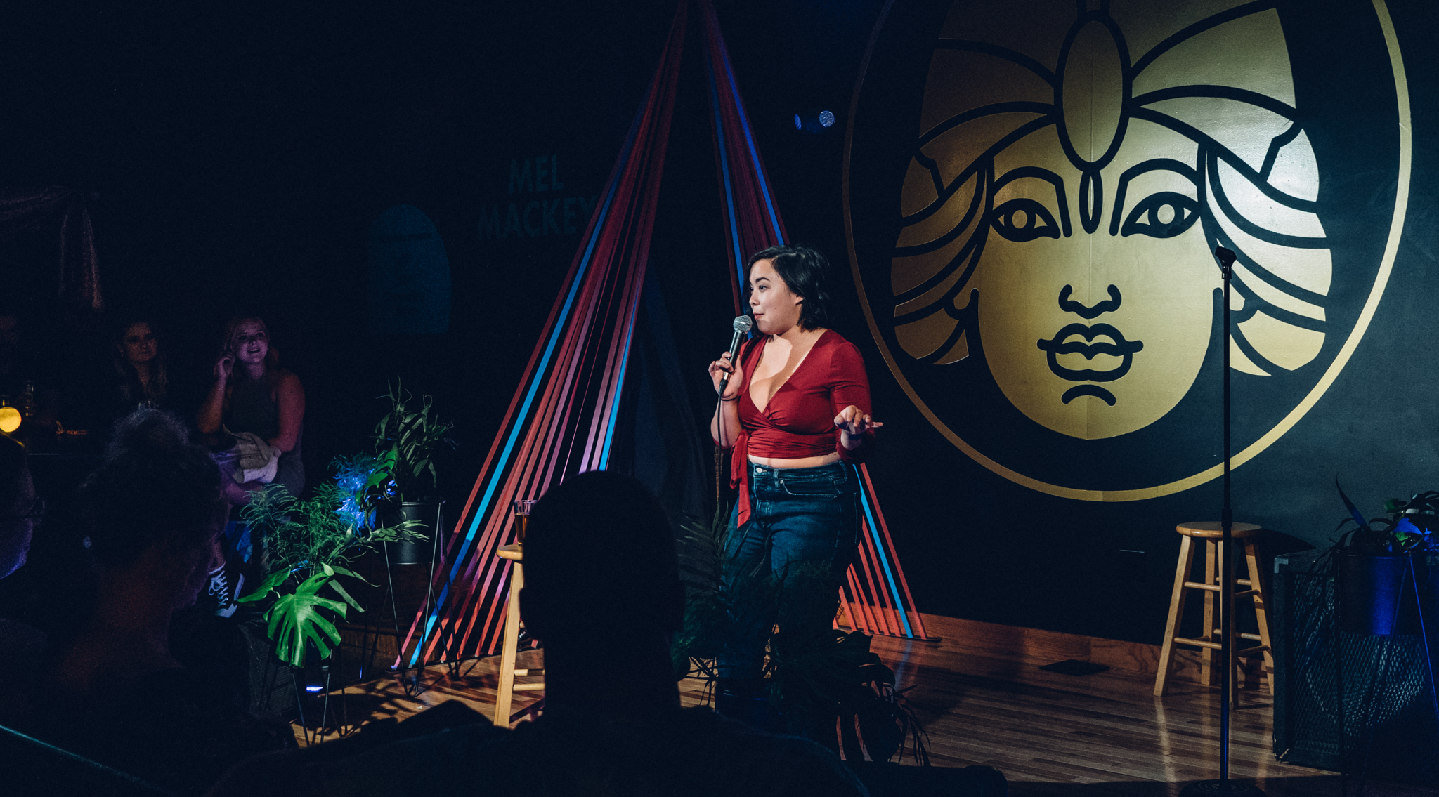 This is an image of Melanie Mackey performing at a comedy club in Des Moines.