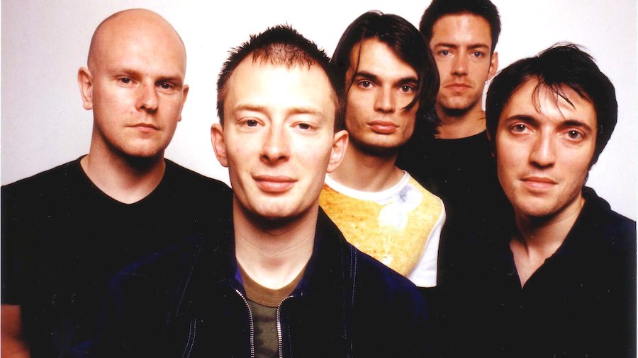 LOS ANGELES, CA - JUNE 11: Rock band Radiohead poses for a portrait at Capitol Records, Hollywood, California on June 11, 1997.  (Thom Yorke 2nd from left)  (Photo by: Jim Steinfeldt/Michael Ochs Archives/GettyImages)