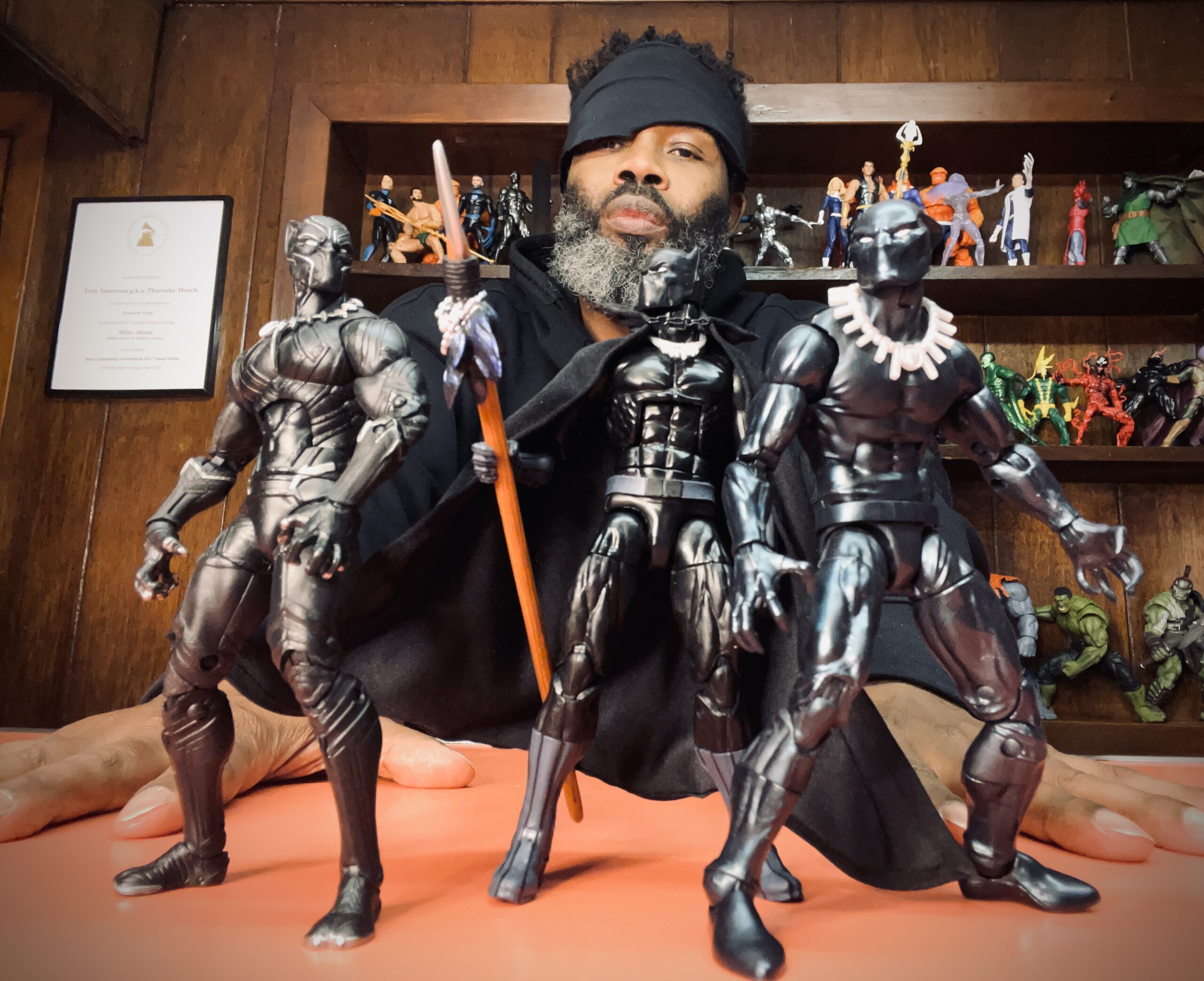 Pharoahe Monch with I Am Legend Black Panther figurines. (Credit: Pharoahe Monch)