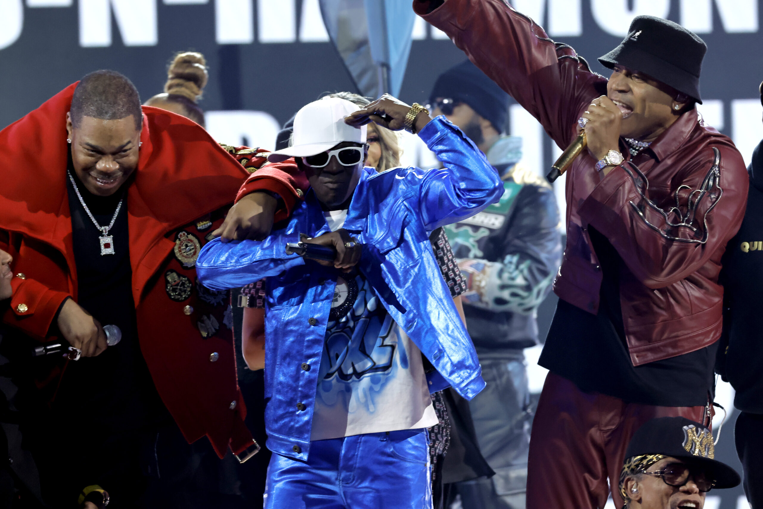 Busta Rhymes, Flavor Flav, and LL Cool J perform at the 2023 Grammys (photo: Kevin Winter / Getty Images for The Recording Academy)
