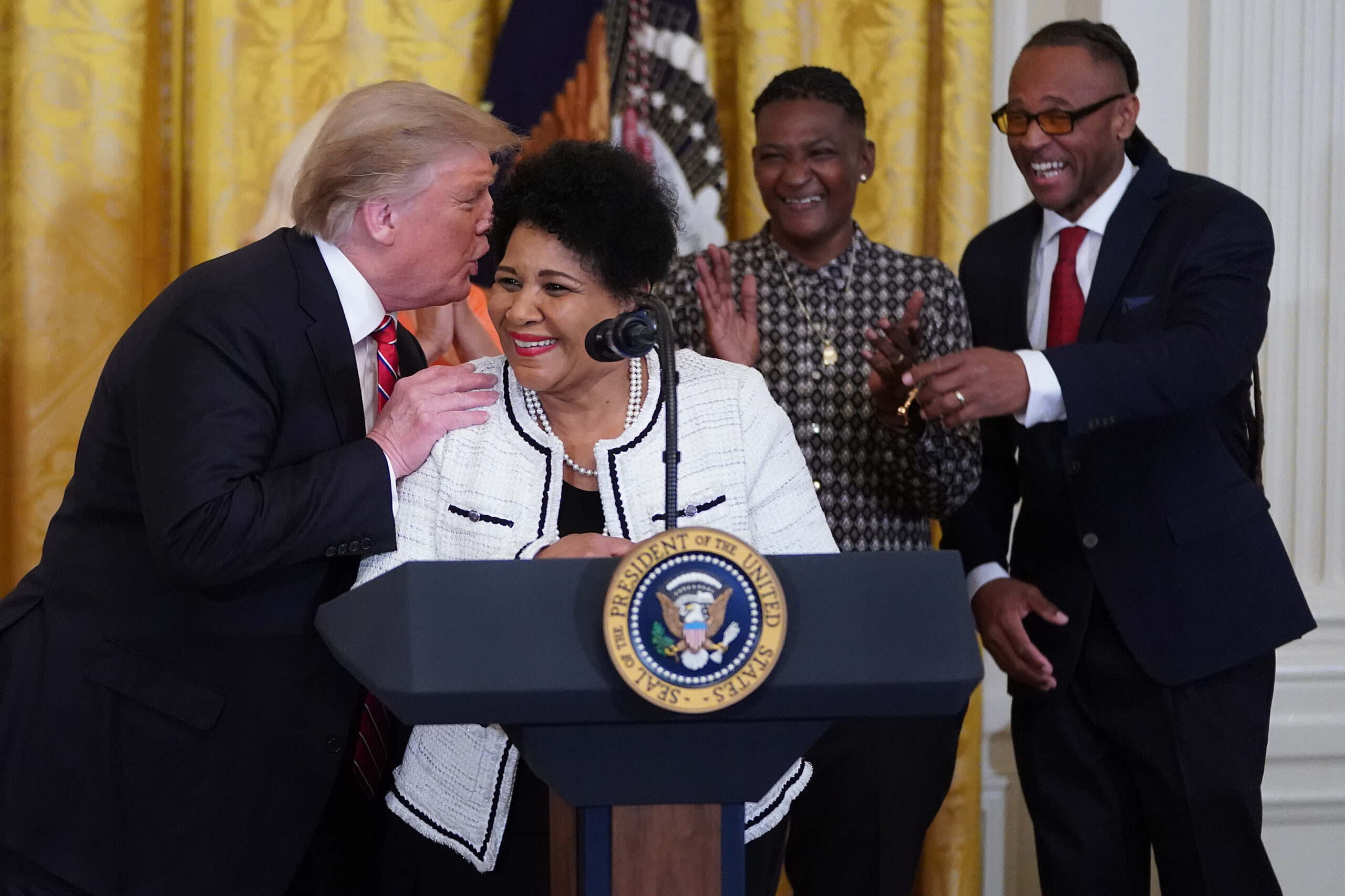 President Donald Trump with Alice Marie Johnson during a celebration of the bipartisan sentencing and prison-condition reforming First Step Act at the White House in 2019.  (Credit: Chip Somodevilla via Getty Images)