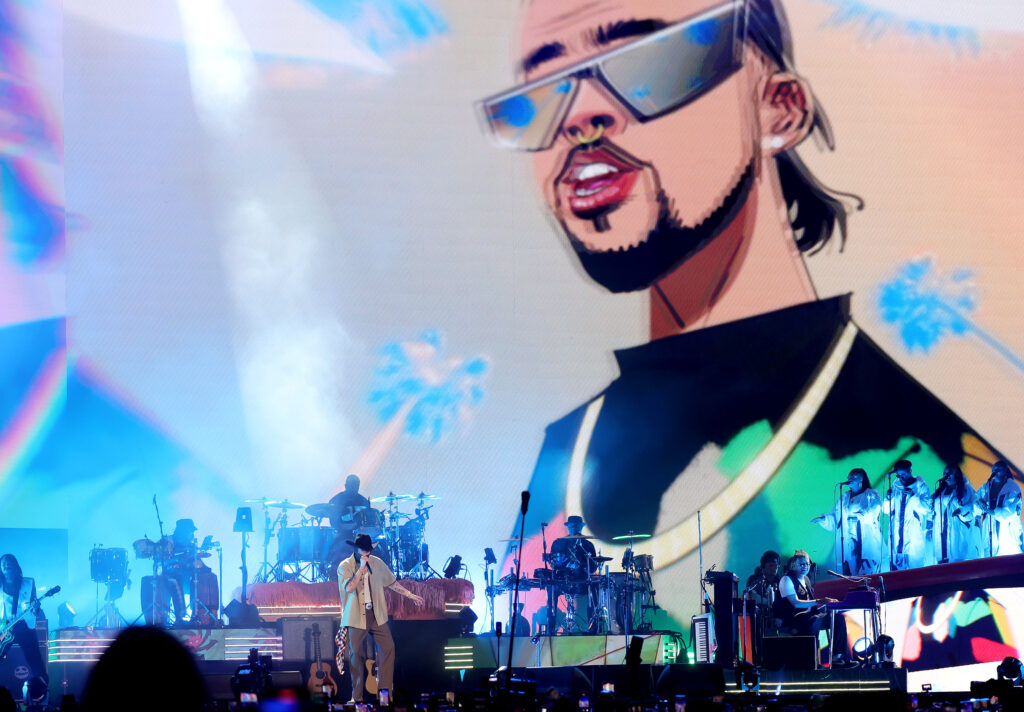 Bad Bunny performs with Gorillaz on the Coachella Stage during the 2023 Coachella Valley Music and Arts Festival on April 21, 2023, in Indio, California. (Credit: Michael Loccisano/Getty Images for Coachella)