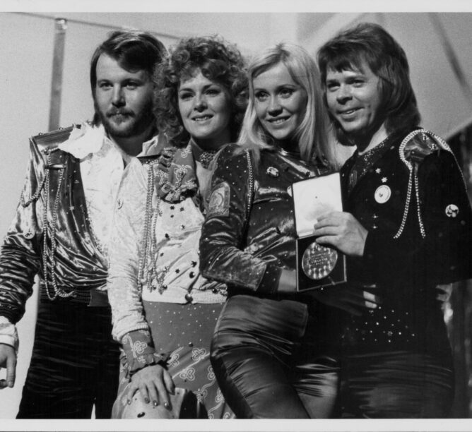 ABBA, after winning the Eurovision Song Contest, April 7th 1974. (Credit: Frank Barratt/Keystone/Getty Images)