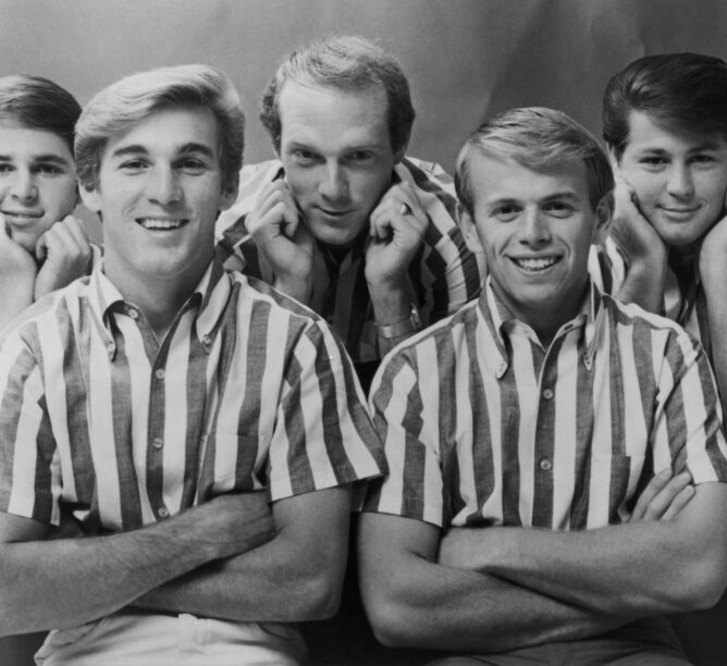 The Beach Boys, 1964. From left to right, Carl Wilson, Dennis Wilson, Mike Love, Al Jardine, and Brian Wilson. From Capitol Records. (Credit: Gems/Redferns/Getty Images)