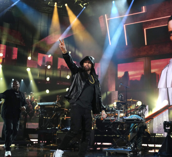Eminem performs during the 37th Annual Rock & Roll Hall of Fame Induction Ceremony on November 5, 2022 in Los Angeles. (Credit: Kevin Mazur/Getty Images for The Rock and Roll Hall of Fame)