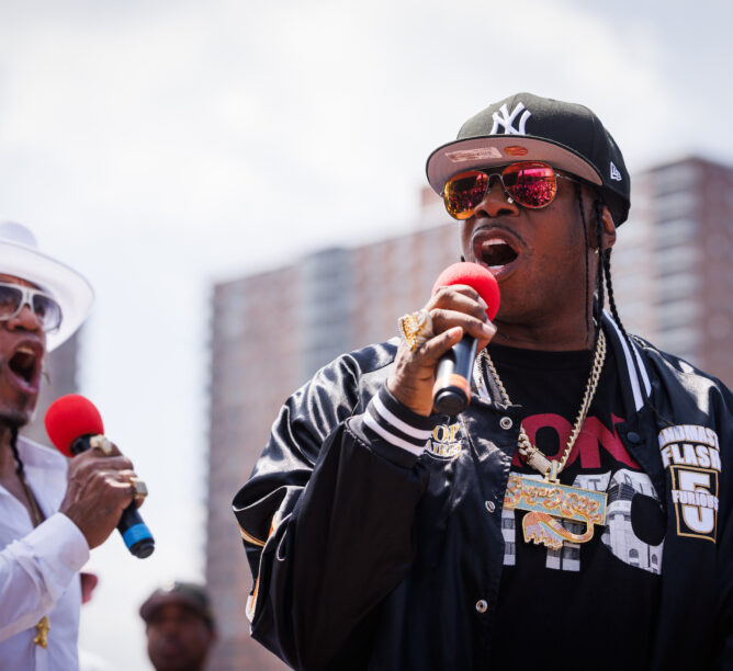 Grandmaster Melle Mel and Scorpio of The Furious Five perform onstage during the Hip Hop 50th Birthday Jam By Universal Hip Hop Museum at Mill Pond Park on August 11, 2023 in New York City. (Credit: Richard Bord/Getty Images)