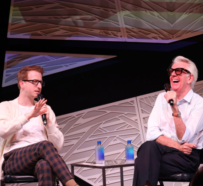Nick Lowe (R) speaks with James Austin Johnson at 'A New York Evening With Nick Lowe' at National Sawdust on July 30, 2024 in New York City. (Credit: Rob Kim/Getty Images for The Recording Academy)