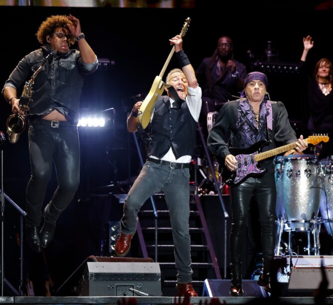Jake Clemons, Bruce Springsteen, and Steven Van Zandt perform during the 2024 Sea.Hear.Now Festival on the beach on September 15, 2024 in Asbury Park, New Jersey. (Credit: Taylor Hill/WireImage)