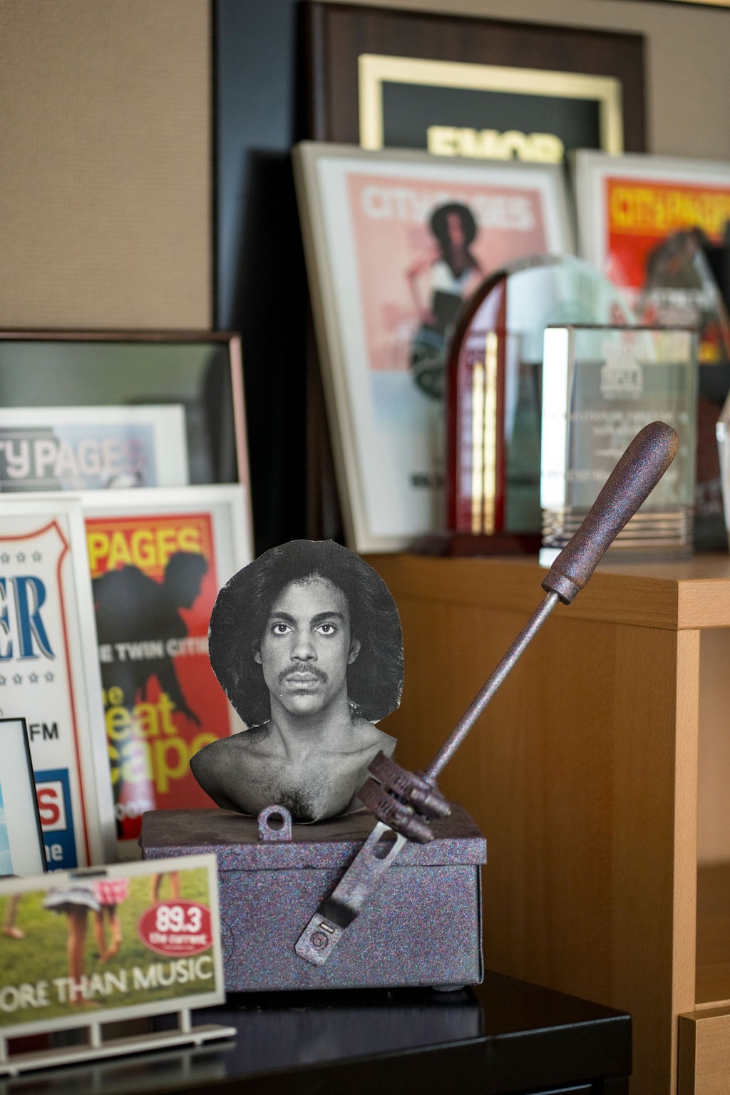 A collection of awards and a Prince switch (Credit: Bump Opera for MPR)