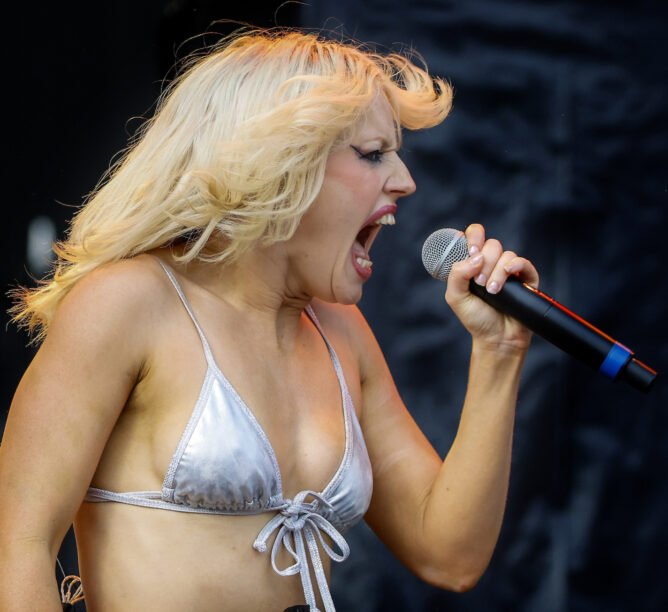 Amy Taylor performs with her band Amyl and the Sniffers at Fenway Park. (Credit: Matthew J. Lee/The Boston Globe via Getty Images)