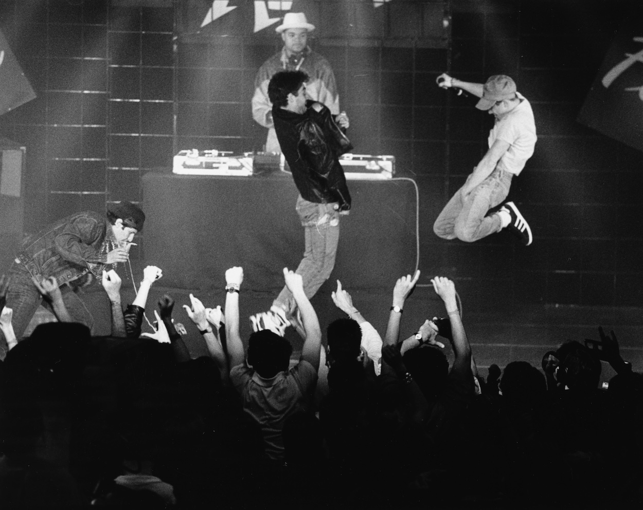 The Beastie Boys performing with Mix Master Mike, at Montreux Golden Rose Festival, Switzerland in 1987. (Credit:  Dave Hogan/Getty Images)