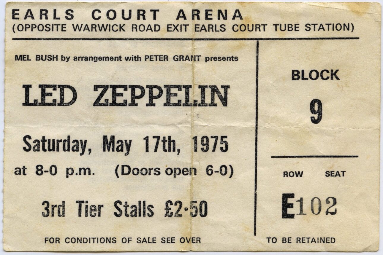 A concert ticket for a Zeppelin concert at the Earls Court Arena for May 17, 1975 in London, England. (Credit: Donaldson Collection/Getty Images)