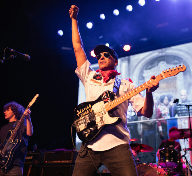 Tom Morello (center)) with his son Roman, 13, performs at the Fonda Theatre in Hollywood. Roman played a few songs with his dad's band, including the single "Soldier in the Army of Love," which they wrote together. (All Photos credited to Steve Appleford.)