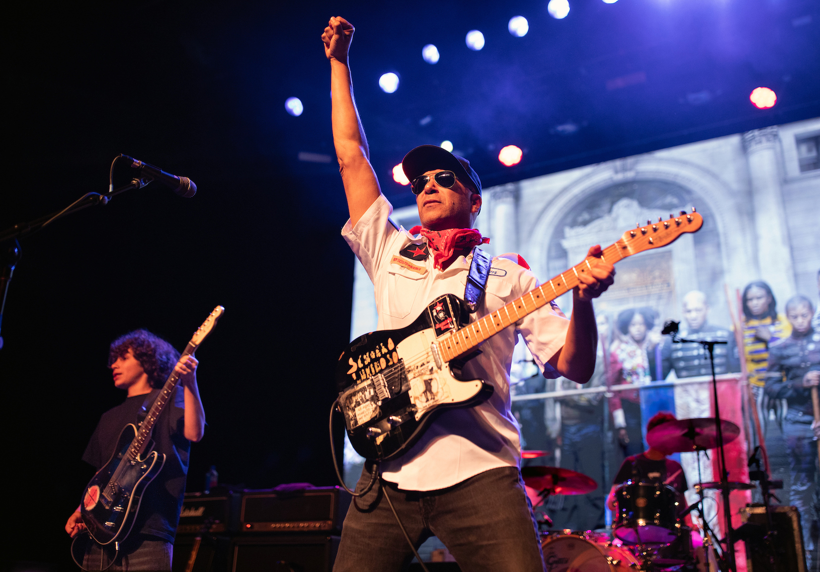 Tom Morello (center)) with his son Roman, 13, performs at the Fonda Theatre in Hollywood. Roman played a few songs with his dad's band, including the single "Soldier in the Army of Love," which they wrote together. (All Photos credited to Steve Appleford.)