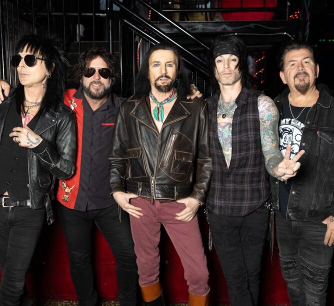 L.A. Guns members, from left to right: Johnny Martin (bass), Tracii Guns (guitar), Phil Lewis (vocals), Ace Von Johnson (guitar), Shawn Duncan (drums; brother of Armored Saints guitarist Jeff Duncan)(Credit: Joe Schaeffer)