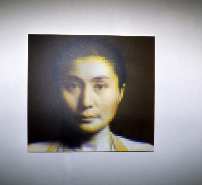 "Portrait of Nora" by Yoko Ono at a retrospective exhibition at Passau, Germany 2005. (Credit: Wolfgang Kuhn/United Archives via Getty Images)
