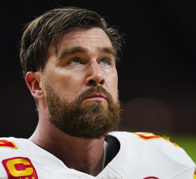 Travis Kelce on the field at the 2025 Super Bowl.
