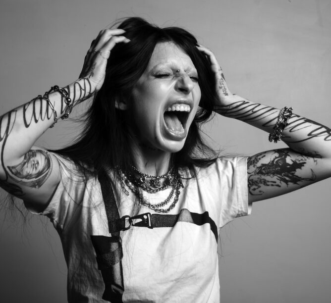 Dark-pop singer DeathbyRomy in mid-scream. She released her debut album, "Hollywood Forever," in 2025, telling stories from the dark side of her hometown of Los Angeles. (All photos by Steve Appleford)
