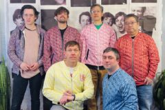 The members of HLLLYH are (back row) Ezra Buchla, Jeff Byron, Dan Chao, and Burt Hashiguchi, (front row) Tim Byron and James Baker. (Credit: HLLLYH)