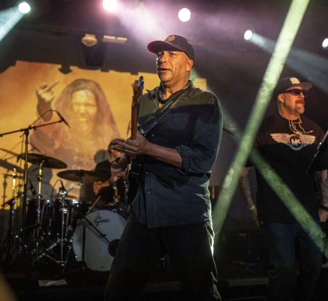Tom Morello performs at his "Defend L.A." fundraiser in response to recent ICE raids in Los Angeles. The concert was at L.A.'s Echoplex nighclub. On right is B-Real from Cypress Hill. (All photos by Steve Appleford)