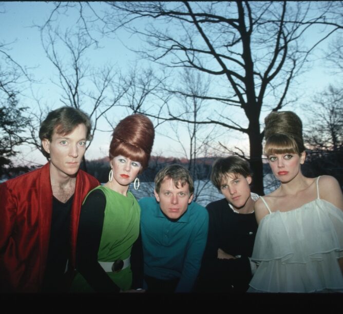 The B-52s from left to right: Fred Schneider (vocals), Kate Pierson (vocals and keyboards), Ricky Wilson (guitar), Keith Strickland (drums), and Cindy Wilson (vocals and guitar). (Credit: Lynn Goldsmith/Corbis/VCG via Getty Images)