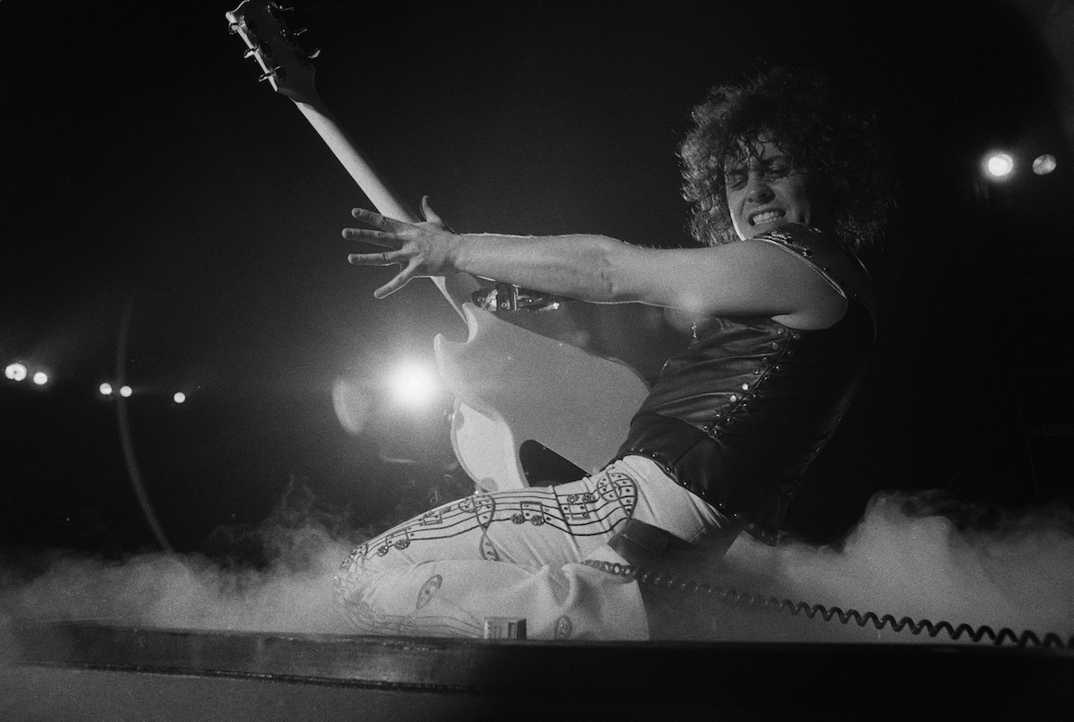 Marc Bolan performing with T-Rex at the Apollo, Glasgow, in 1974. (Credit: Michael Putland/Getty Images)