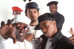 From bottom left: Flavor Flav, Professor Griff, Terminator X, S1W, and Chuck D of the rap group Public Enemy in 1988. (Credit: Michael Ochs Archives/Getty Images)