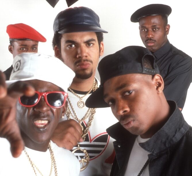 From bottom left: Flavor Flav, Professor Griff, Terminator X, S1W, and Chuck D of the rap group Public Enemy in 1988. (Credit: Michael Ochs Archives/Getty Images)