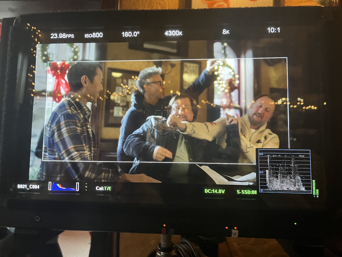 Ross Partridge, Rob Yang, Michael Chernus, and Ryan Miller, practicing the big fight scene in The Wake. (Courtesy of The Wake, LLC)