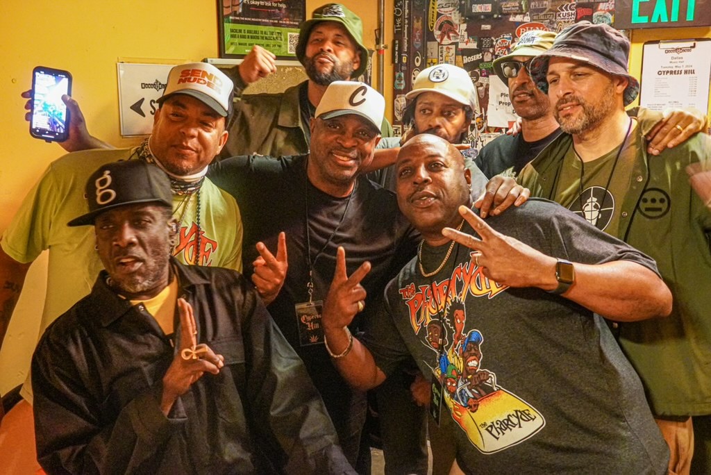 Clockwise from top: Tajai, Fatlip, Phesto, Domino, Pharcyde’s Manager, Chuck D, Imani, and Slimkid3.