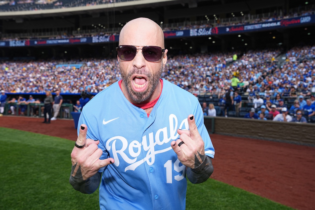 Chris Daughtry poses in a celebrity softball game at Kauffman Stadium during the Big Slick Celebrity Weekend benefiting Children's Mercy Hospital in 2025. (Credit: Kyle Rivas/Getty Images)